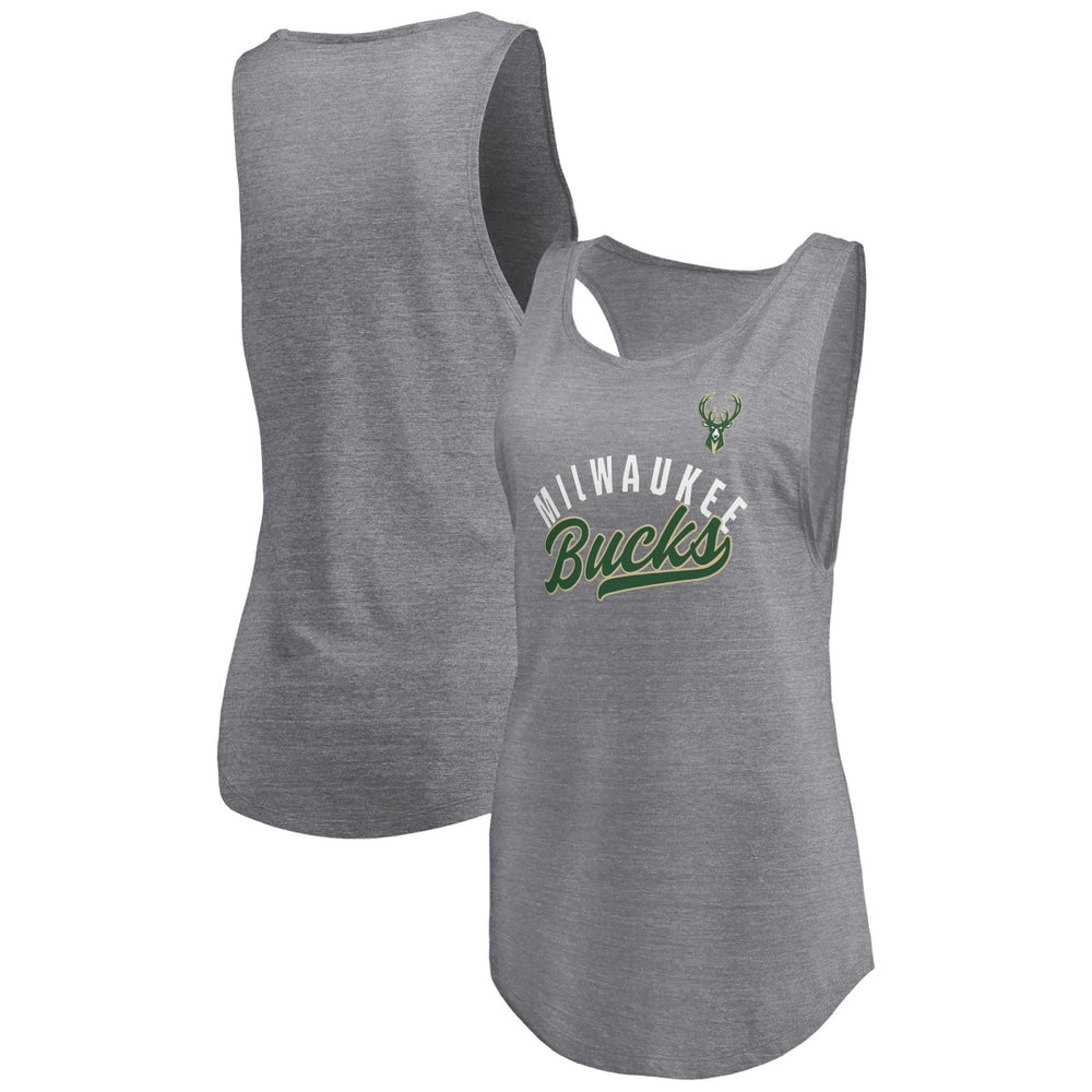Milwaukee Bucks Women's Quality Time Open Scoop Neck Tri-Blend Tank Top Heathered Gray
