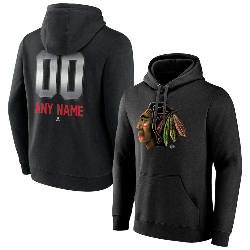 NHL,Custom Chicago Blackhawks Personalized Midnight Mascot Logo Pullover Hoodie - Black