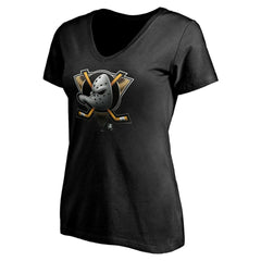 NHL,Custom Anaheim Ducks Women's Personalized Midnight Mascot Logo V-Neck T-Shirt - Black