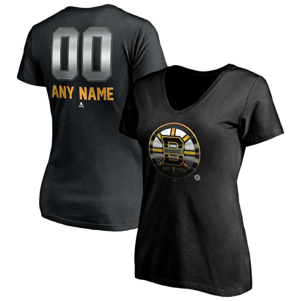 NHL,Custom Boston Bruins Women's Personalized Midnight Mascot Logo V-Neck T-Shirt - Black