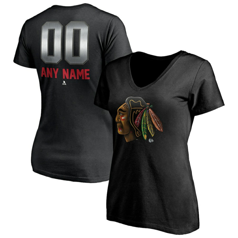 NHL,Custom Chicago Blackhawks Women's Personalized Midnight Mascot Logo V-Neck T-Shirt - Black