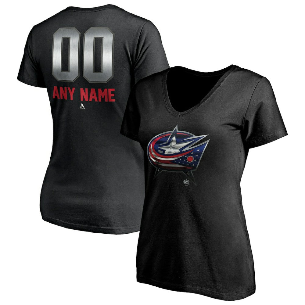 NHL,Custom Columbus Blue Jackets Women's Personalized Midnight Mascot Logo V-Neck T-Shirt - Black