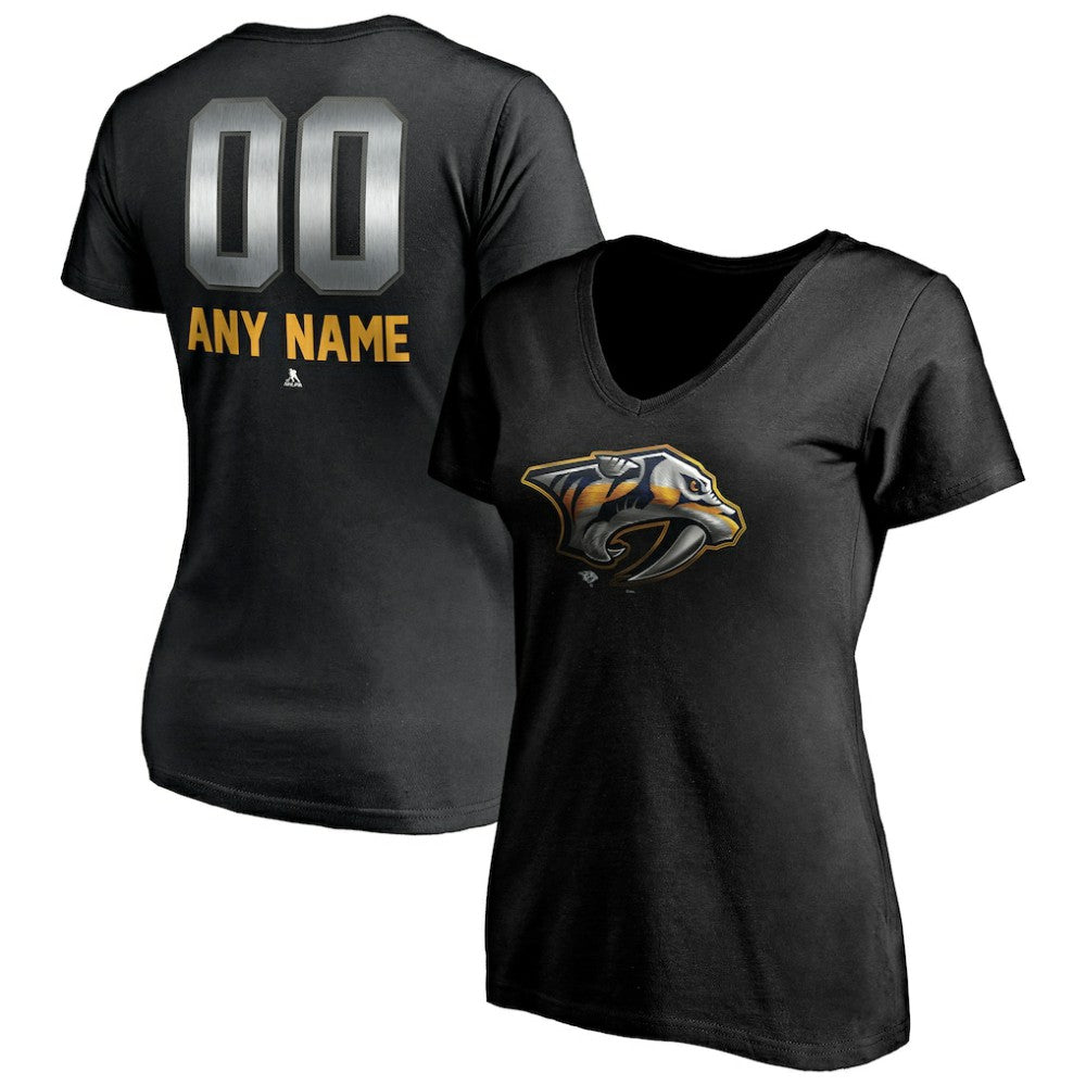 NHL,Custom Nashville Predators Women's Personalized Midnight Mascot Logo V-Neck T-Shirt - Black
