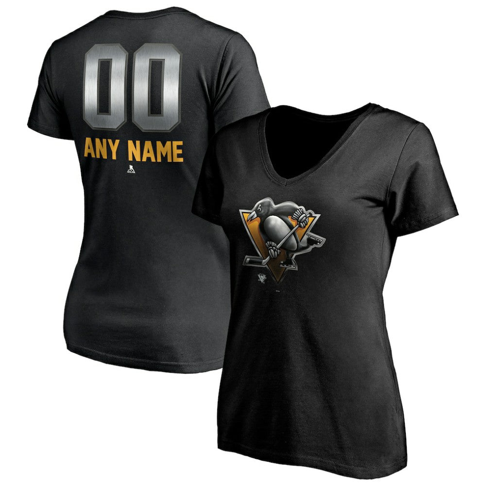 NHL,Custom Pittsburgh Penguins Women's Personalized Midnight Mascot Logo V-Neck T-Shirt - Black