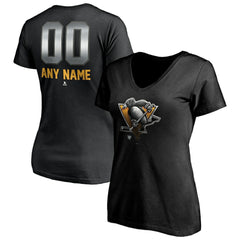 NHL,Custom Pittsburgh Penguins Women's Personalized Midnight Mascot Logo V-Neck T-Shirt - Black