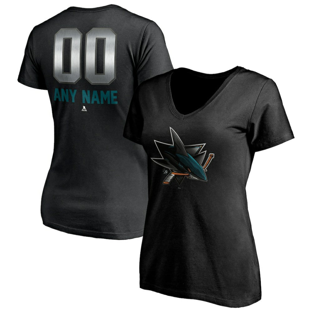 NHL,Custom San Jose Sharks Women's Personalized Midnight Mascot Logo V-Neck T-Shirt - Black