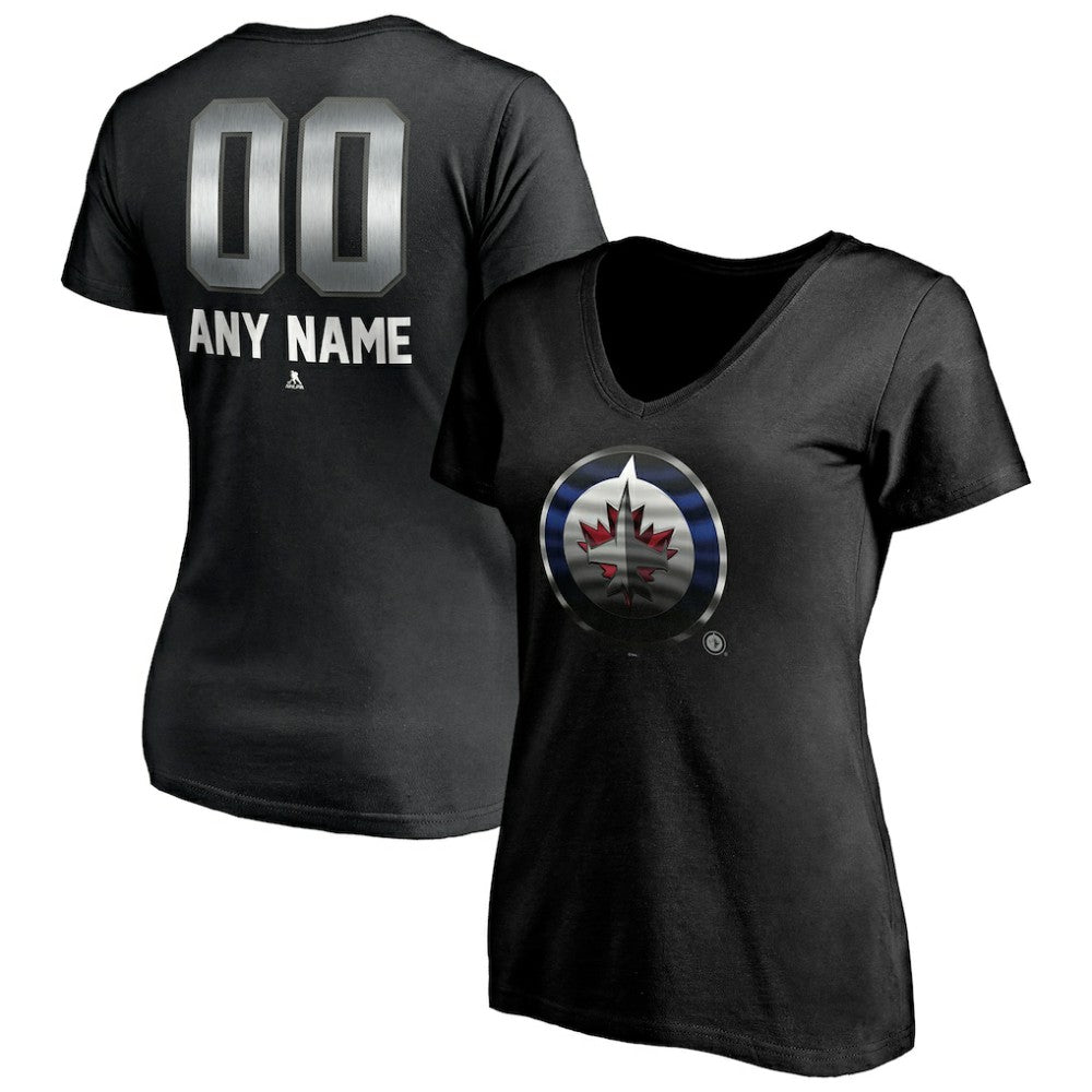 NHL,Custom Winnipeg Jets Women's Personalized Midnight Mascot Logo V-Neck T-Shirt - Black