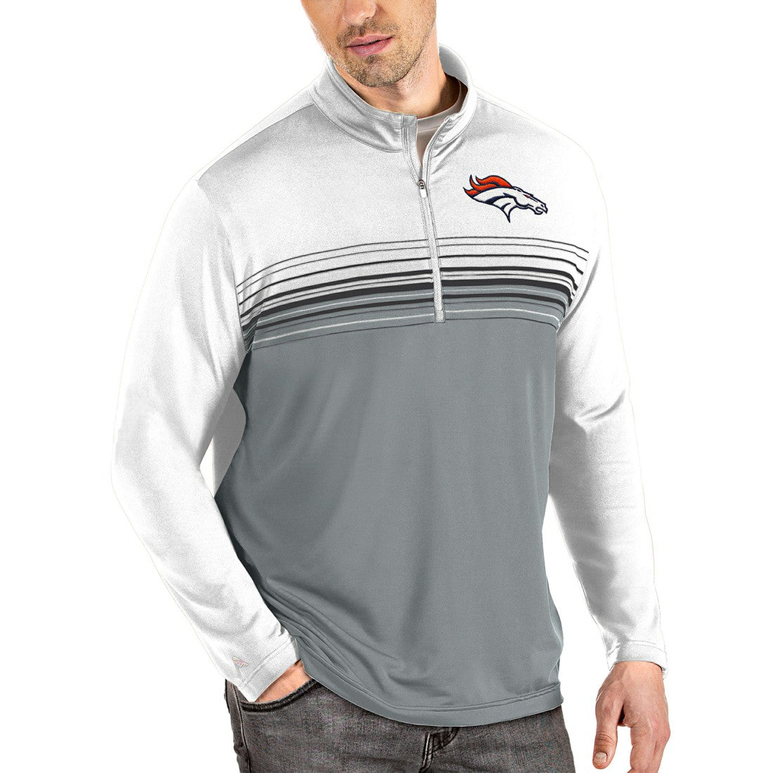 Denver Broncos Antigua Pace Quarter-Zip Pullover Jacket White/Gray