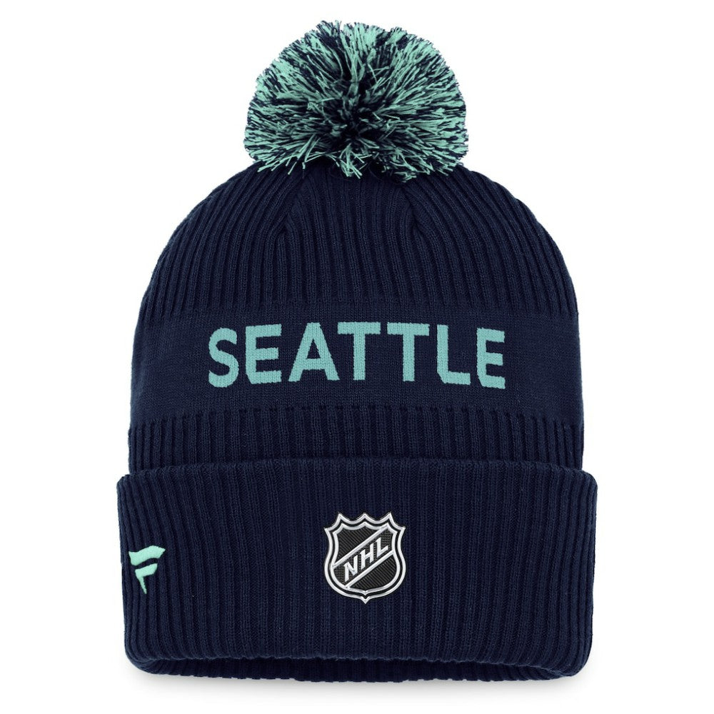 NHL Seattle Kraken Fanatics 2022 NHL Draft Authentic Pro Cuffed Knit Hat with Pom - Deep Sea Blue/Light Blue