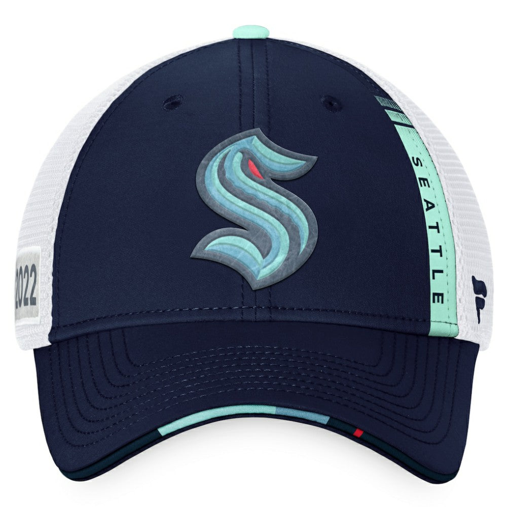 NHL Seattle Kraken Fanatics 2022 NHL Draft Authentic Pro On Stage Trucker Adjustable Hat - Navy/White