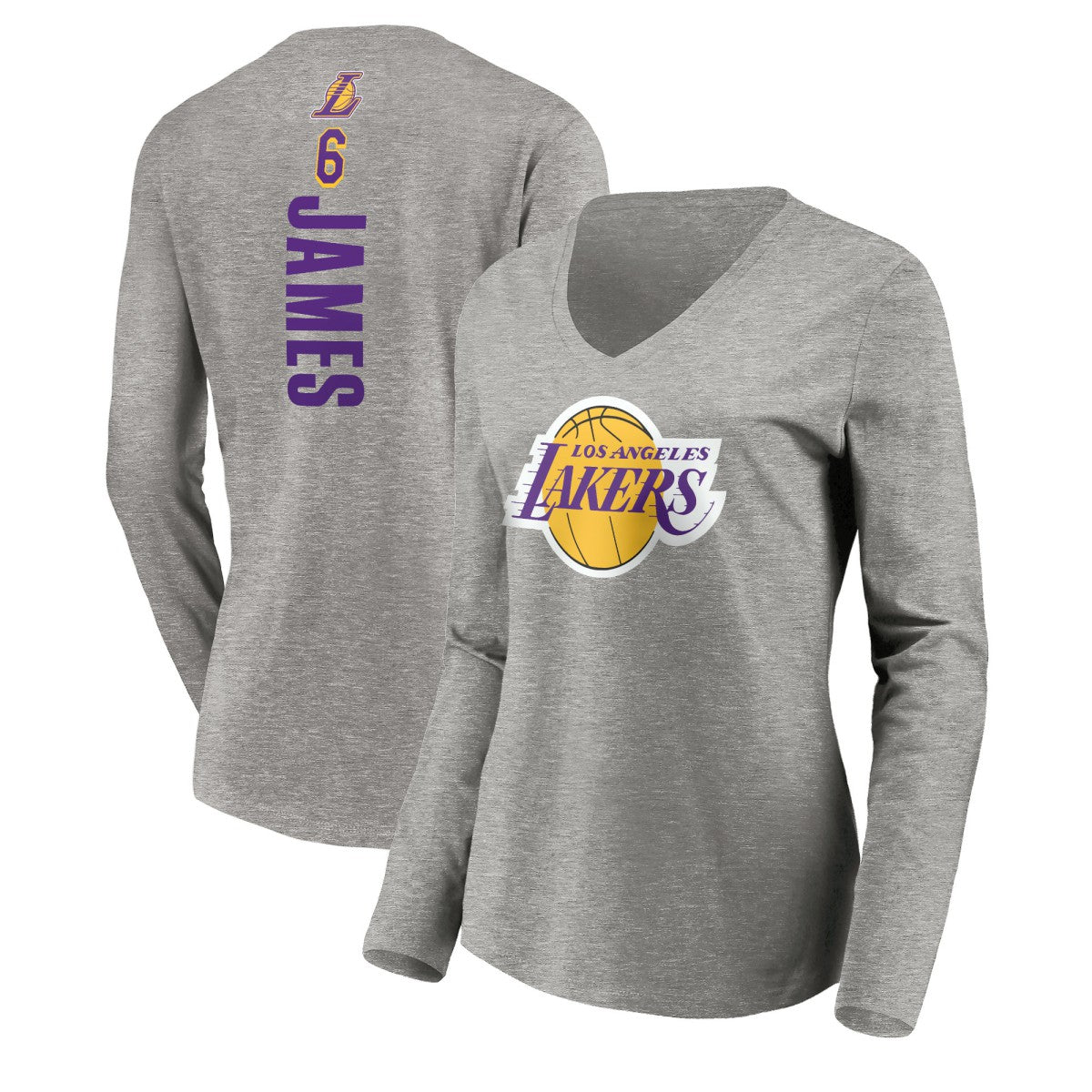 LeBron James Los Angeles Lakers Women's #6 Playmaker Name & Number Long Sleeve V-Neck T-Shirt Heathered Gray
