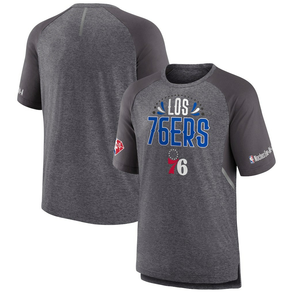 Philadelphia 76ers 2022 Noches Ene-Be-A Core Shooting Raglan T-Shirt Heathered Gray