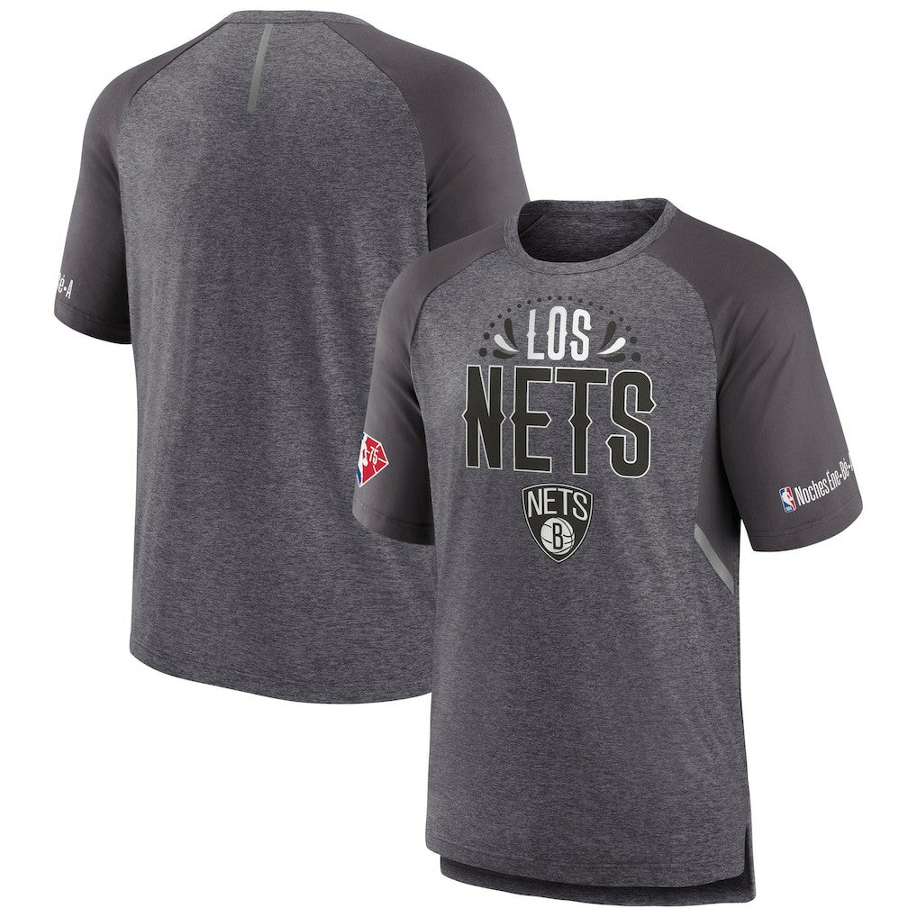 Brooklyn Nets 2022 Noches Ene-Be-A Core Shooting Raglan T-Shirt Heathered Gray