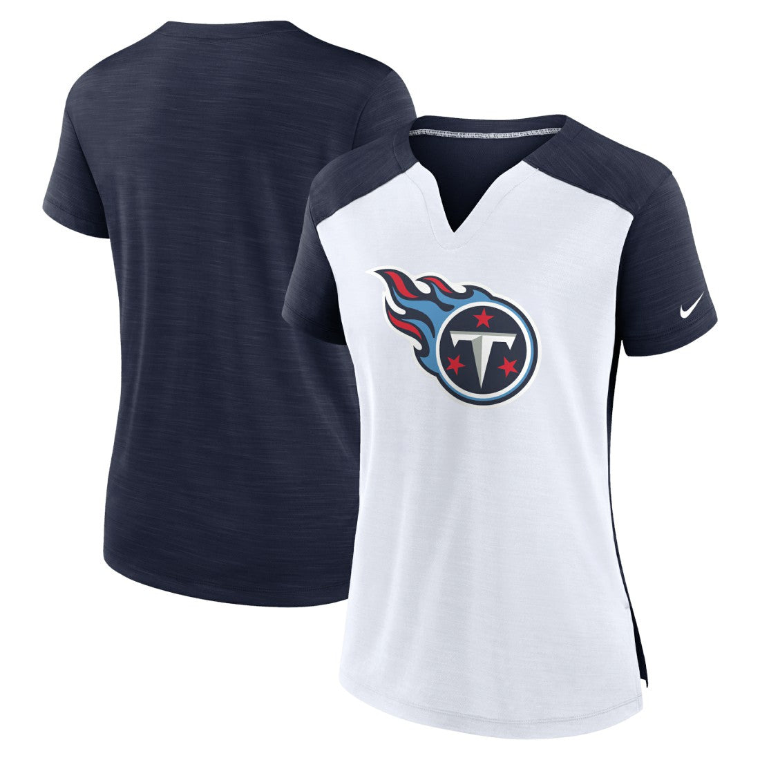 Tennessee Titans Women's Impact Exceed Performance Notch Neck T-Shirt White/Navy