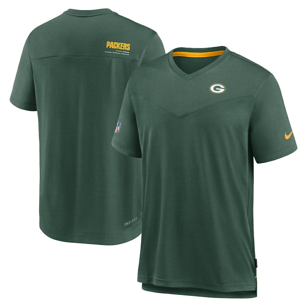 Green Bay Packers Sideline Coach Chevron Lock Up Logo V-Neck Performance T-Shirt Heather Kelly Green
