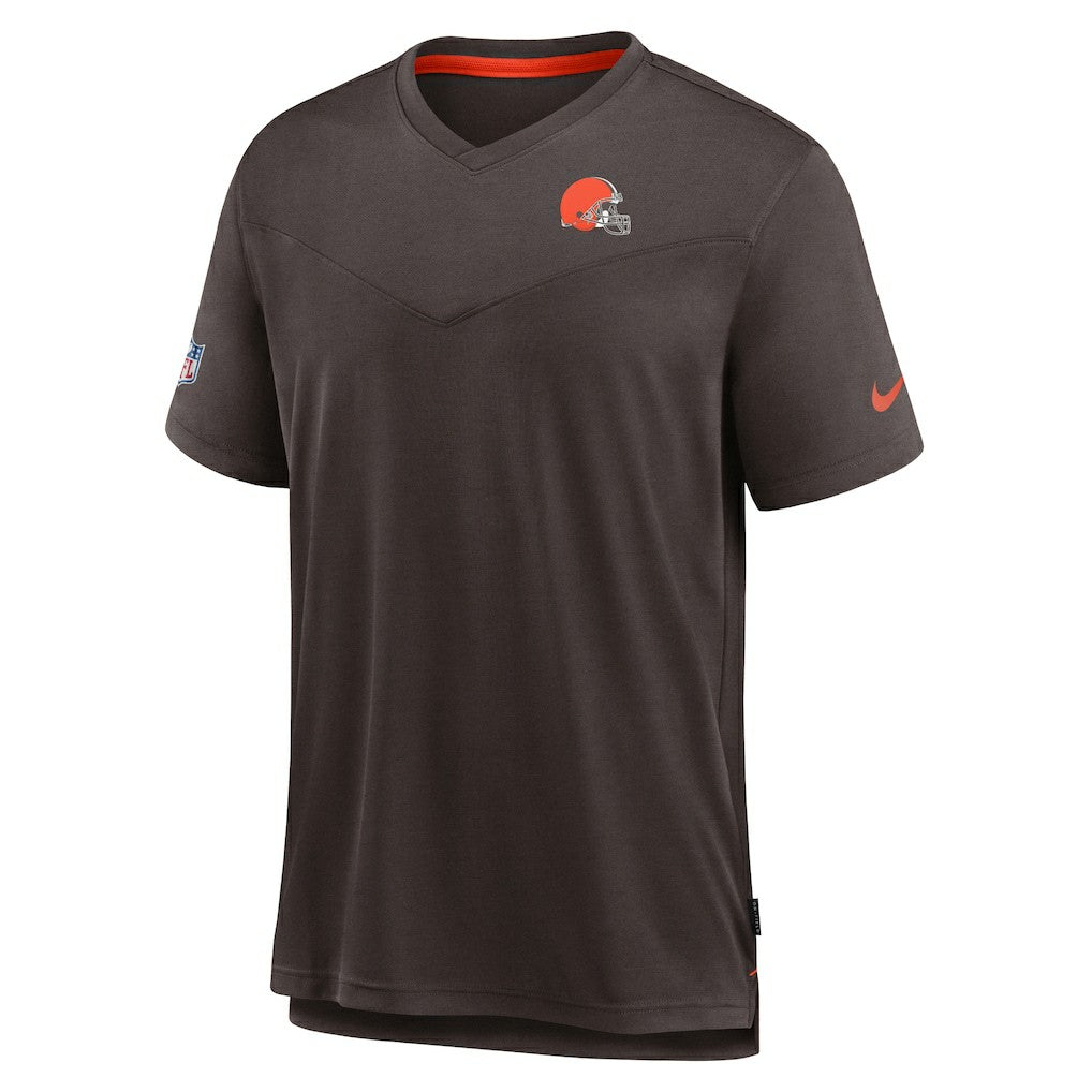 Cleveland Browns Sideline Coach Chevron Lock Up Logo V-Neck Performance T-Shirt Brown