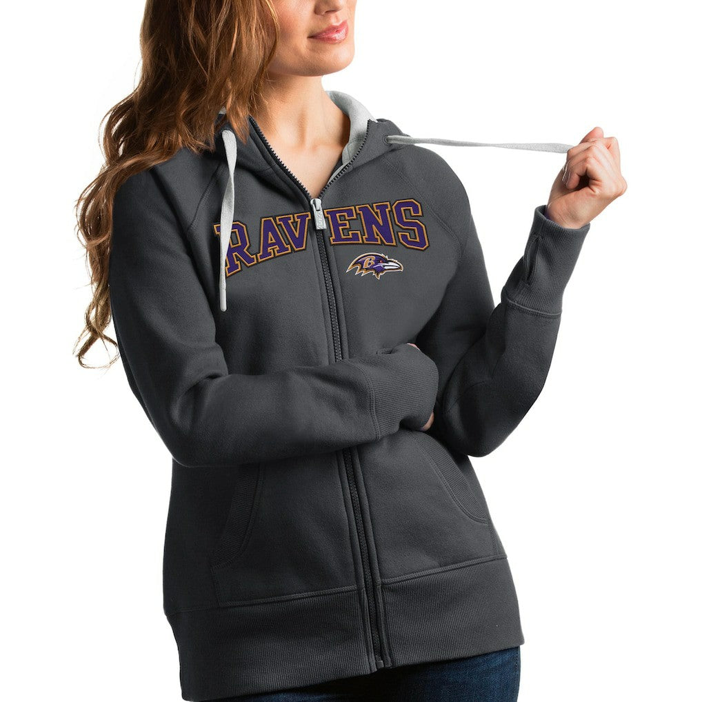 Baltimore Ravens Antigua Women's Wordmark Victory Full-Zip Hoodie Charcoal