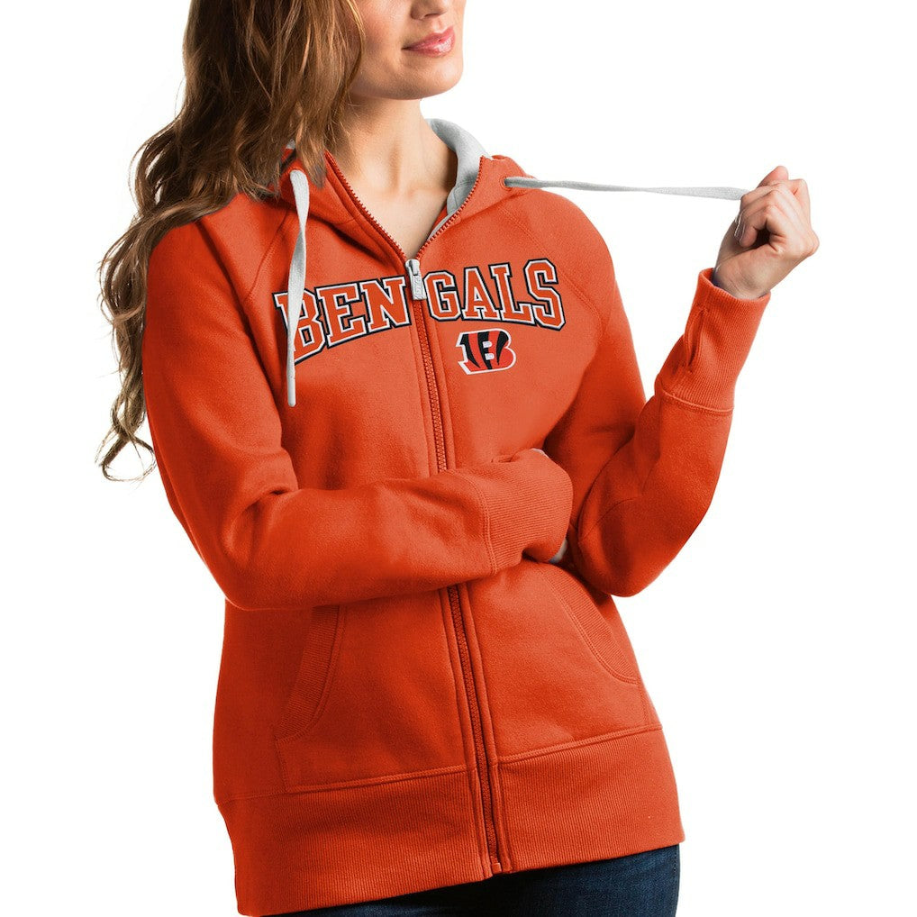 Cincinnati Bengals Antigua Women's Wordmark Victory Full-Zip Hoodie Orange