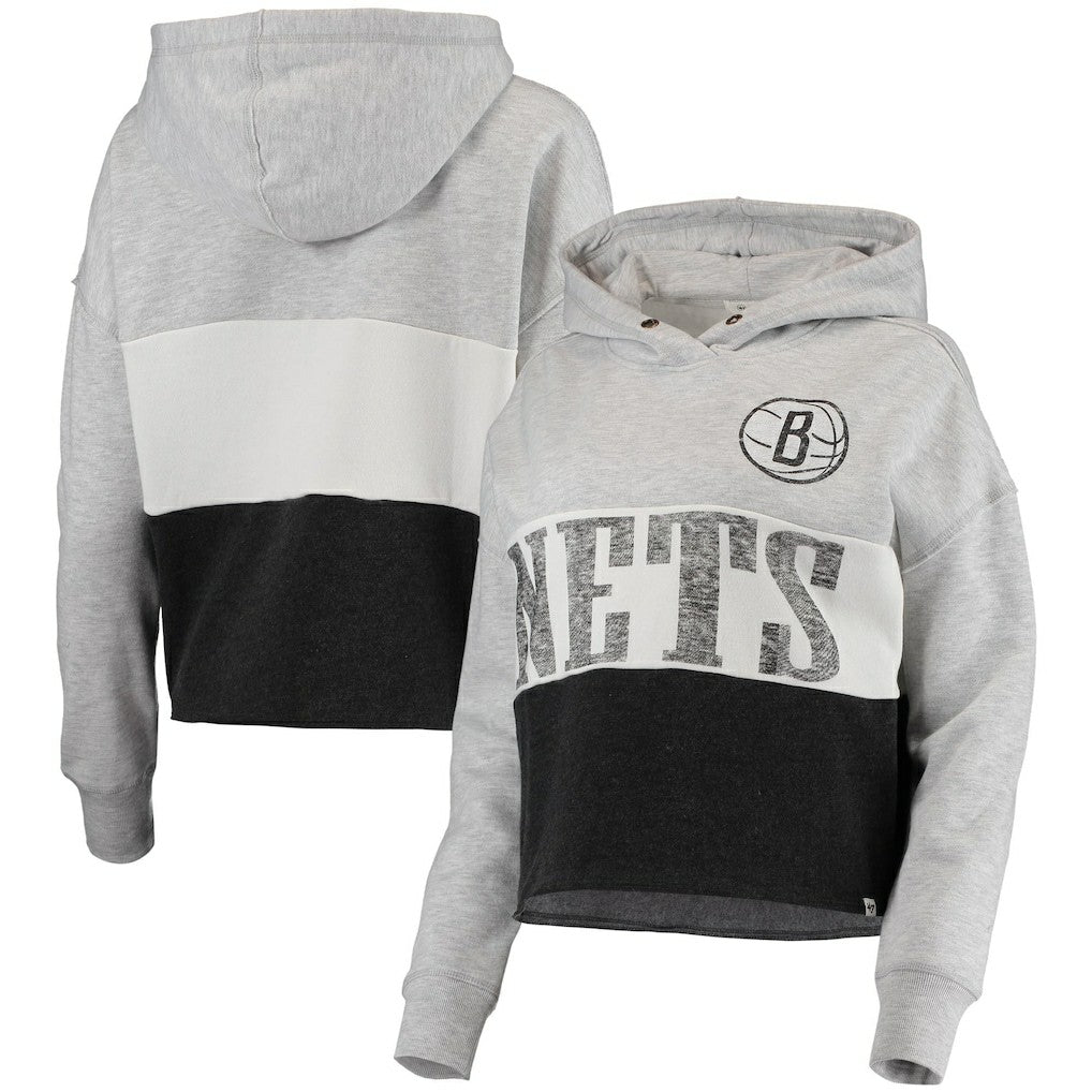 Brooklyn Nets '47 Women's Lizzy Cutoff Pullover Hoodie Heathered Gray/Heathered Black