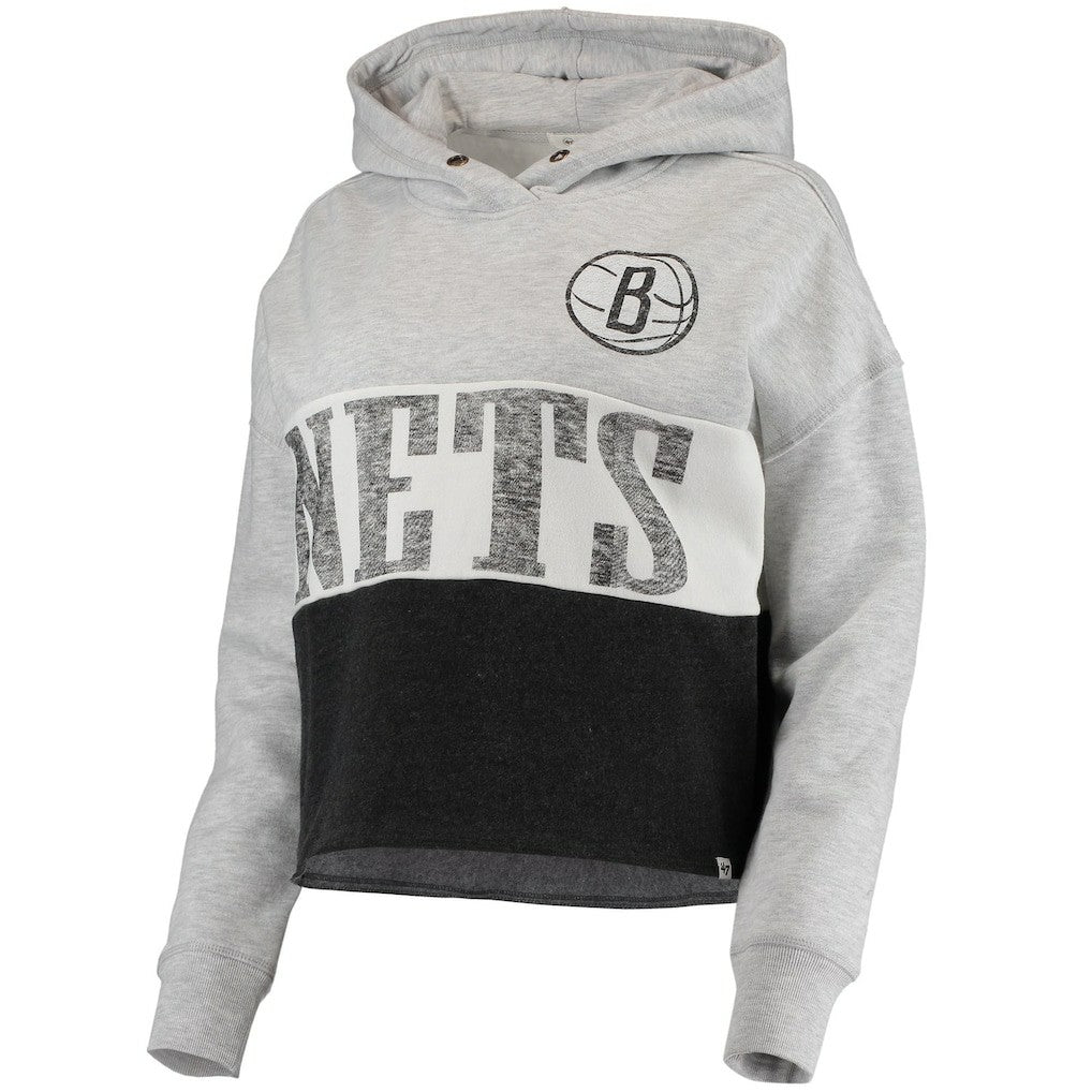 Brooklyn Nets '47 Women's Lizzy Cutoff Pullover Hoodie Heathered Gray/Heathered Black