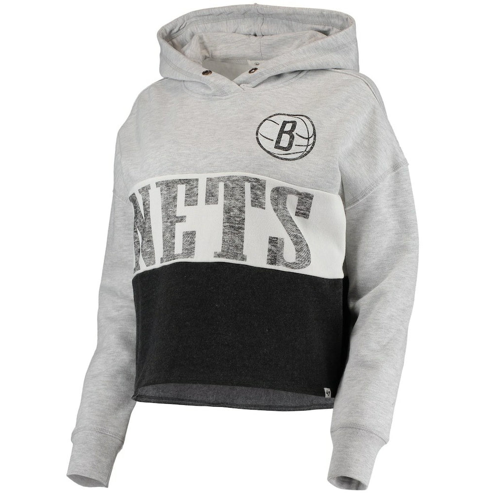 Brooklyn Nets '47 Women's Lizzy Cutoff Pullover Hoodie Heathered Gray/Heathered Black