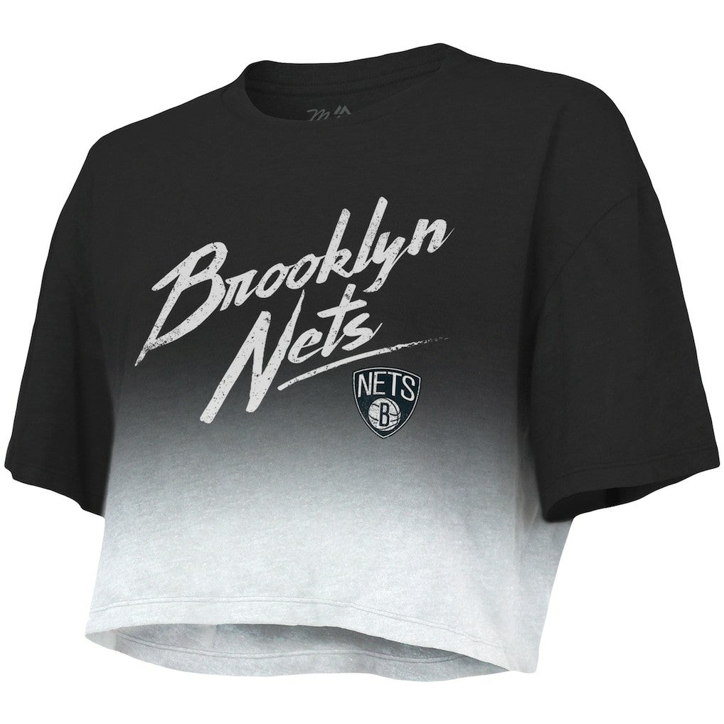 Brooklyn Nets Majestic Threads Women's Dirty Dribble Tri-Blend Cropped T-Shirt Black/White
