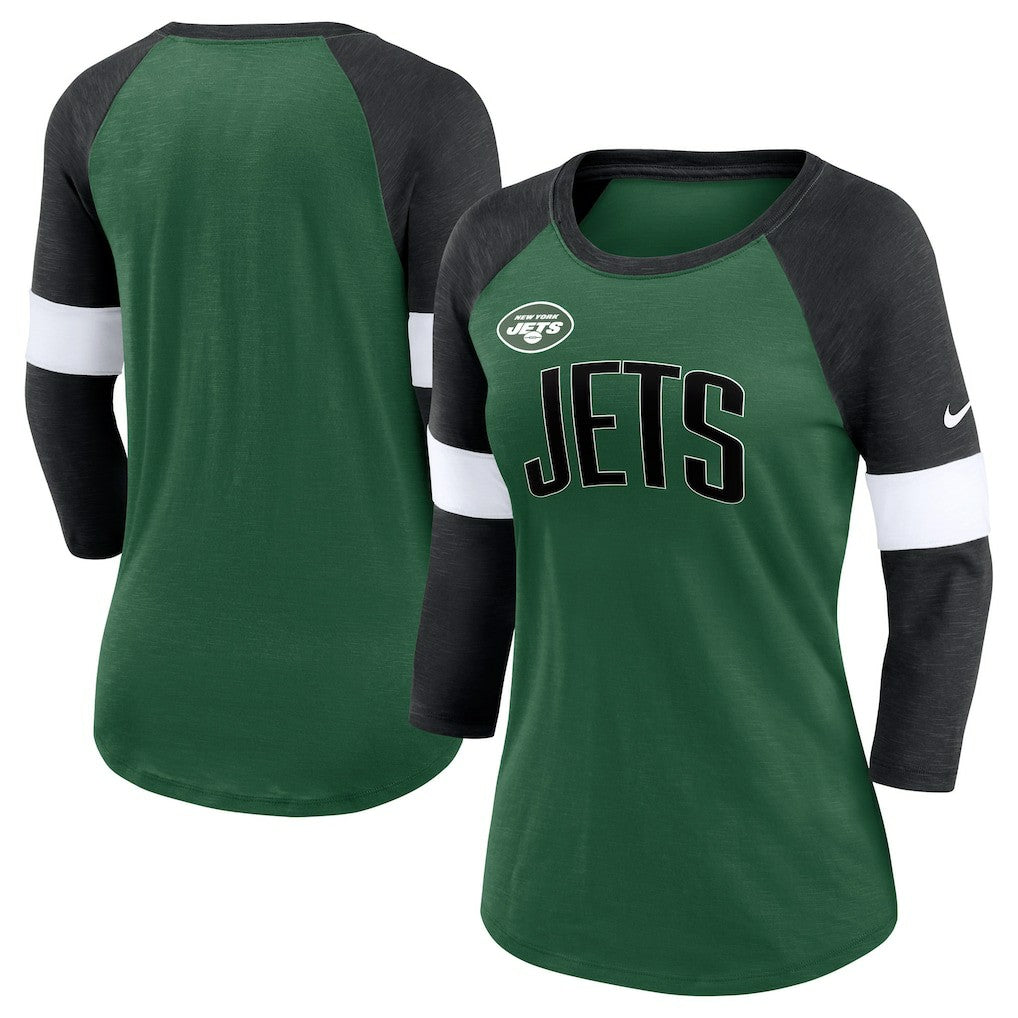 New York Jets Women's Football Pride Raglan 3/4-Sleeve T-Shirt Heather Green/Heather Black