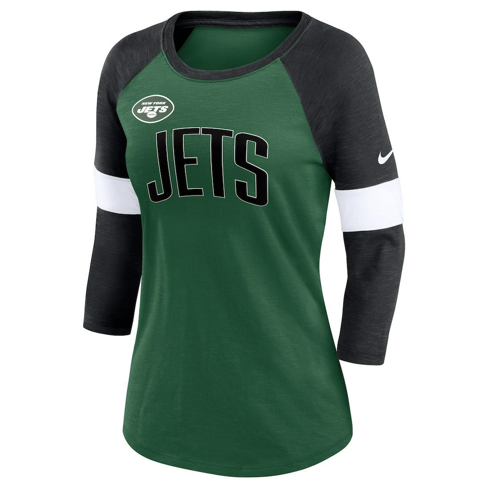 New York Jets Women's Football Pride Raglan 3/4-Sleeve T-Shirt Heather Green/Heather Black