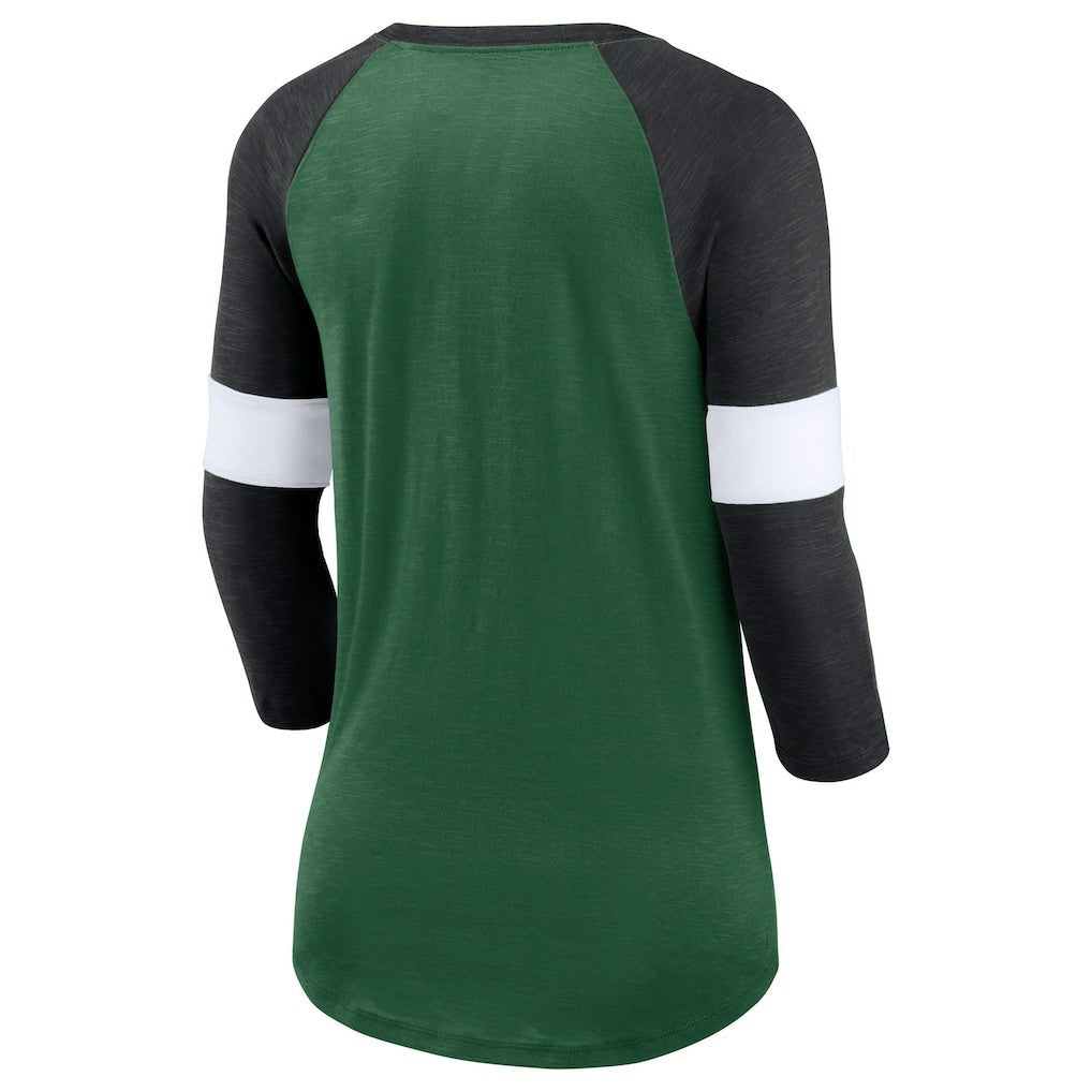 New York Jets Women's Football Pride Raglan 3/4-Sleeve T-Shirt Heather Green/Heather Black