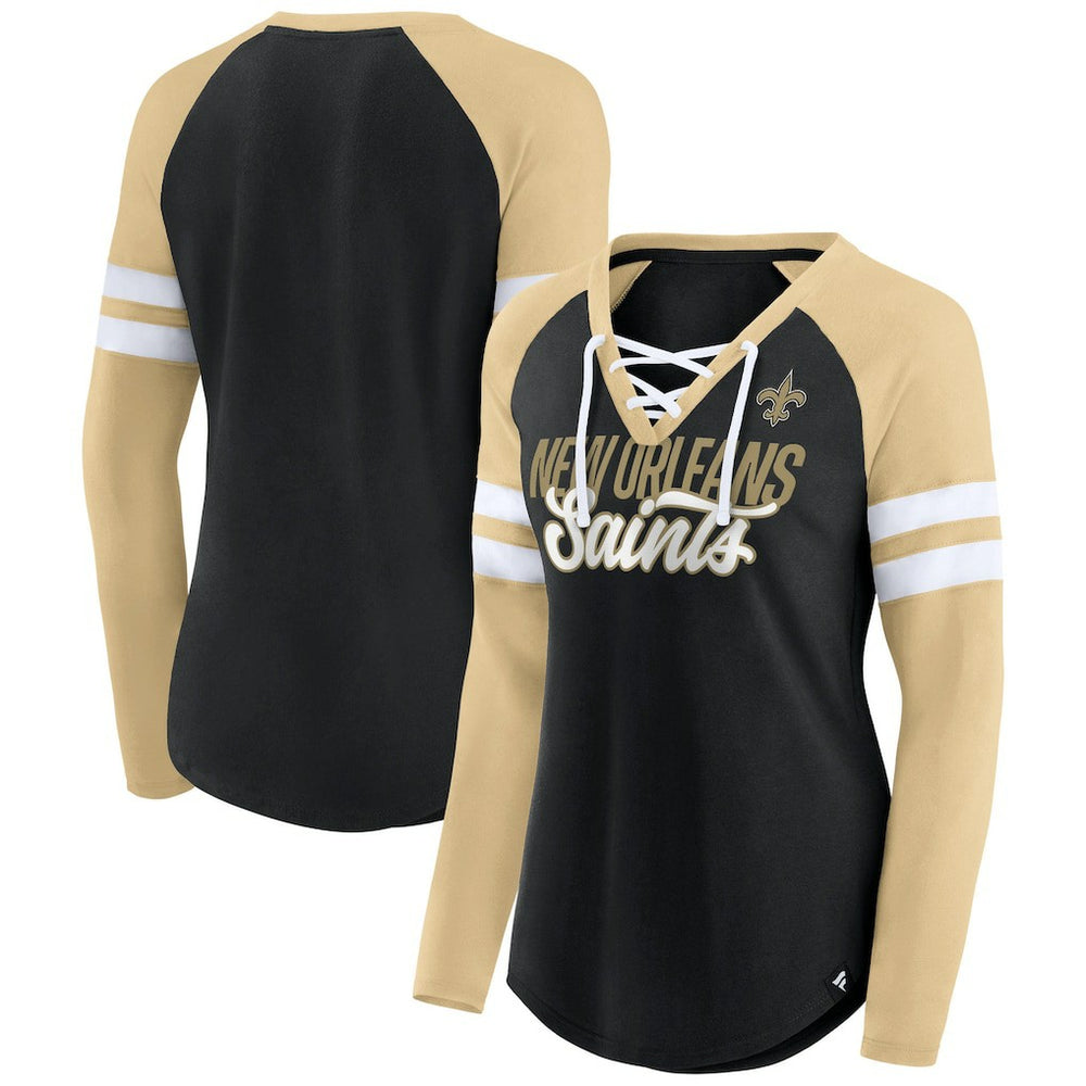 New Orleans Saints Women's True to Form Raglan Lace-Up V-Neck Long Sleeve T-Shirt Black/Gold