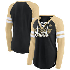 New Orleans Saints Women's True to Form Raglan Lace-Up V-Neck Long Sleeve T-Shirt Black/Gold