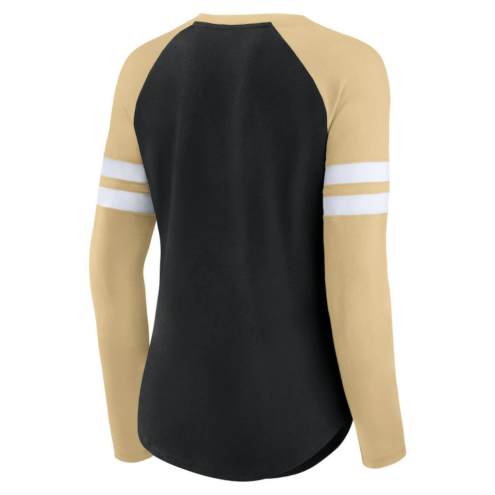 New Orleans Saints Women's True to Form Raglan Lace-Up V-Neck Long Sleeve T-Shirt Black/Gold