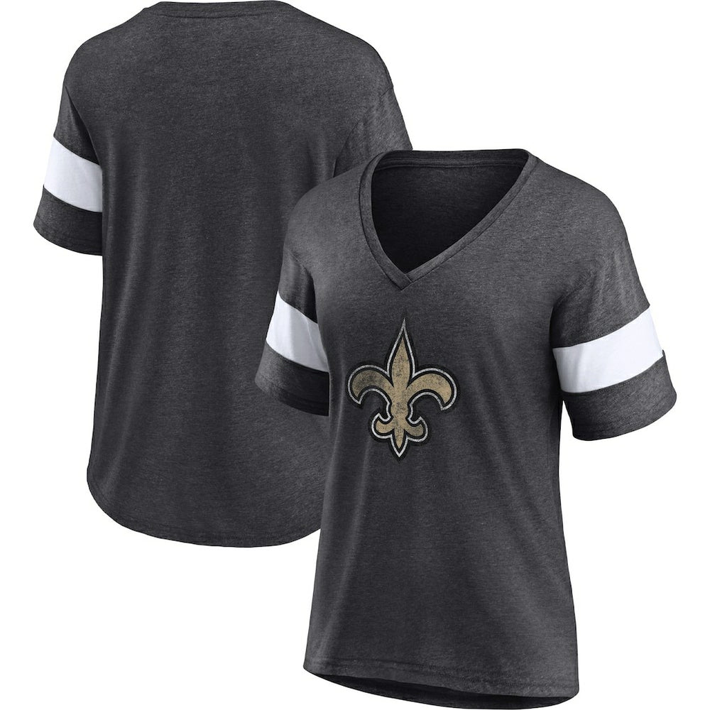 New Orleans Saints Women's Distressed Team Tri-Blend V-Neck T-Shirt Heathered Charcoal/White