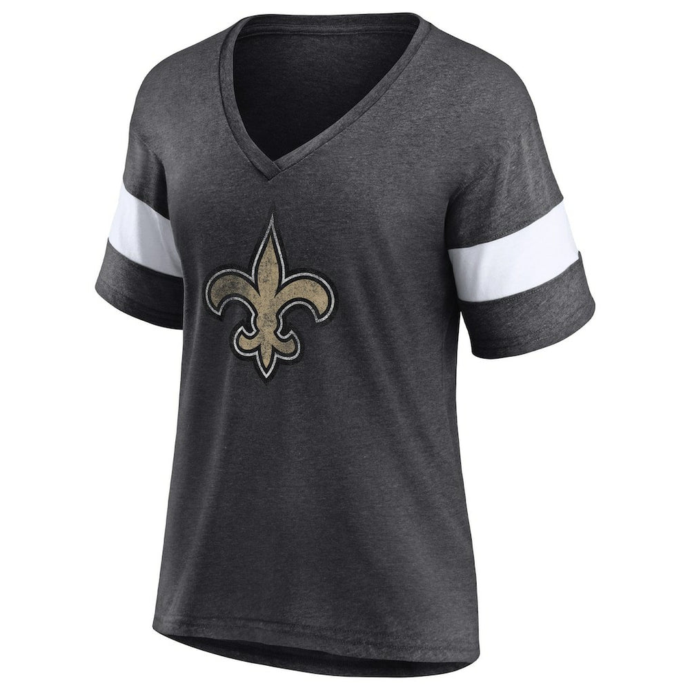 New Orleans Saints Women's Distressed Team Tri-Blend V-Neck T-Shirt Heathered Charcoal/White