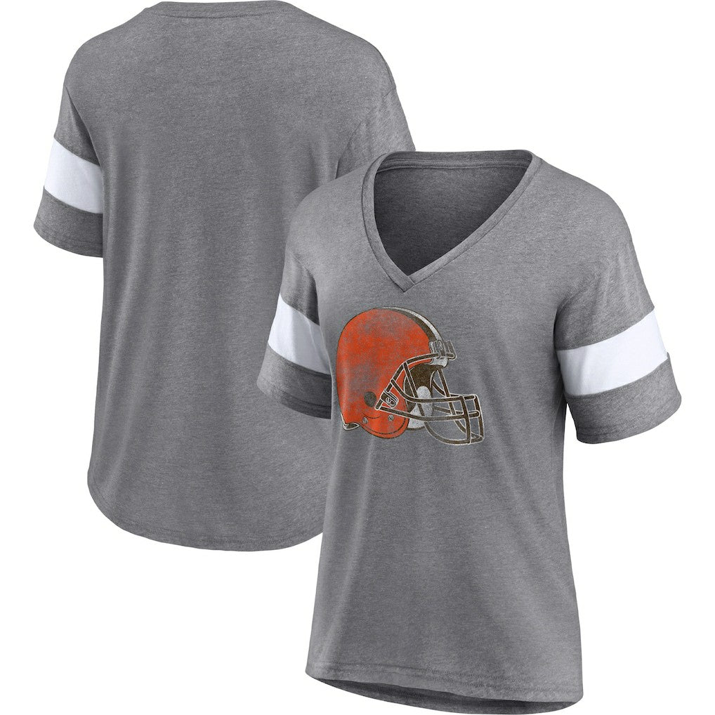 Cleveland Browns Women's Distressed Team Tri-Blend V-Neck T-Shirt Heathered Gray/White