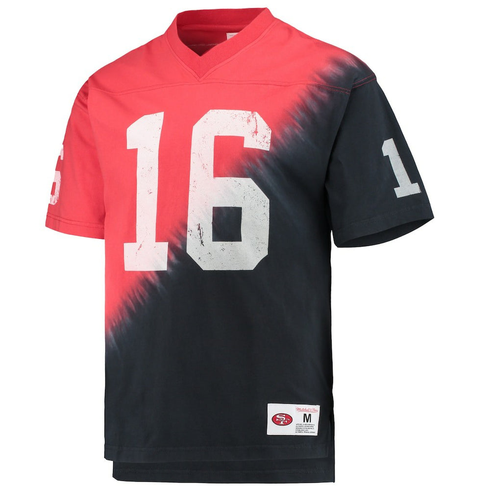 Joe Montana San Francisco 49ers Retired Player Name & Number Diagonal Tie-Dye V-Neck T-Shirt Black/Red
