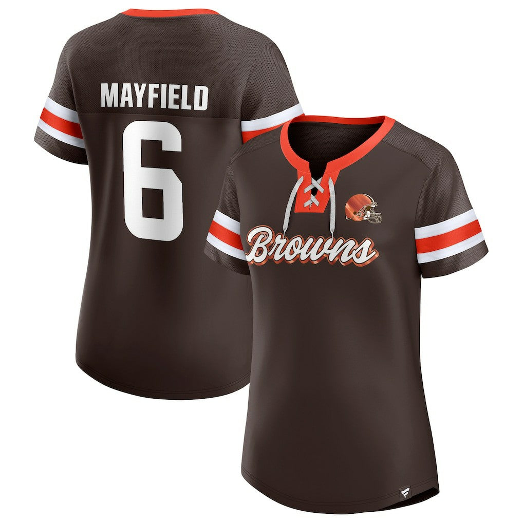 Baker Mayfield Cleveland Browns Women's Athena Name & Number Notch Neck T-Shirt Brown