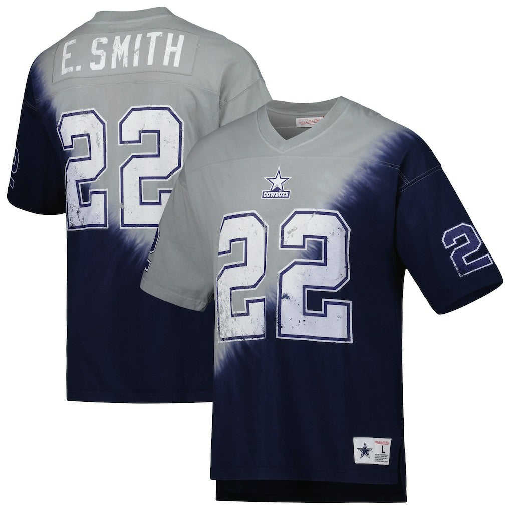 Emmitt Smith Dallas Cowboys Retired Player Name & Number Diagonal Tie-Dye V-Neck T-Shirt Navy/Gray