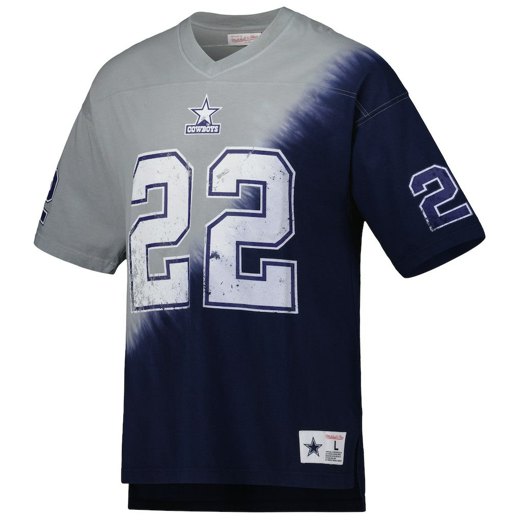 Emmitt Smith Dallas Cowboys Retired Player Name & Number Diagonal Tie-Dye V-Neck T-Shirt Navy/Gray