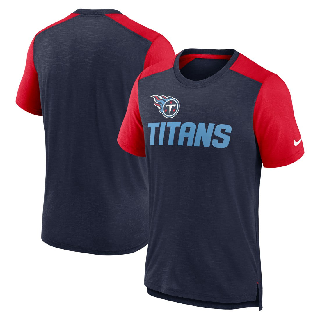 Tennessee Titans Color Block Team Name T-Shirt Heathered Navy/Heathered Red