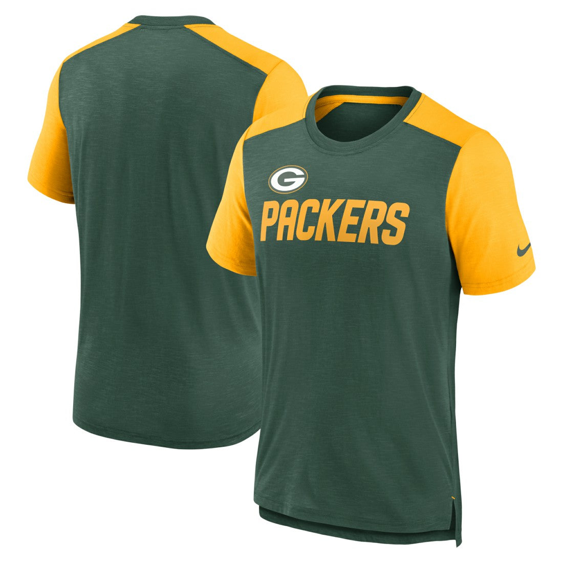 Green Bay Packers Color Block Team Name T-Shirt Heathered Green/Heathered Gold