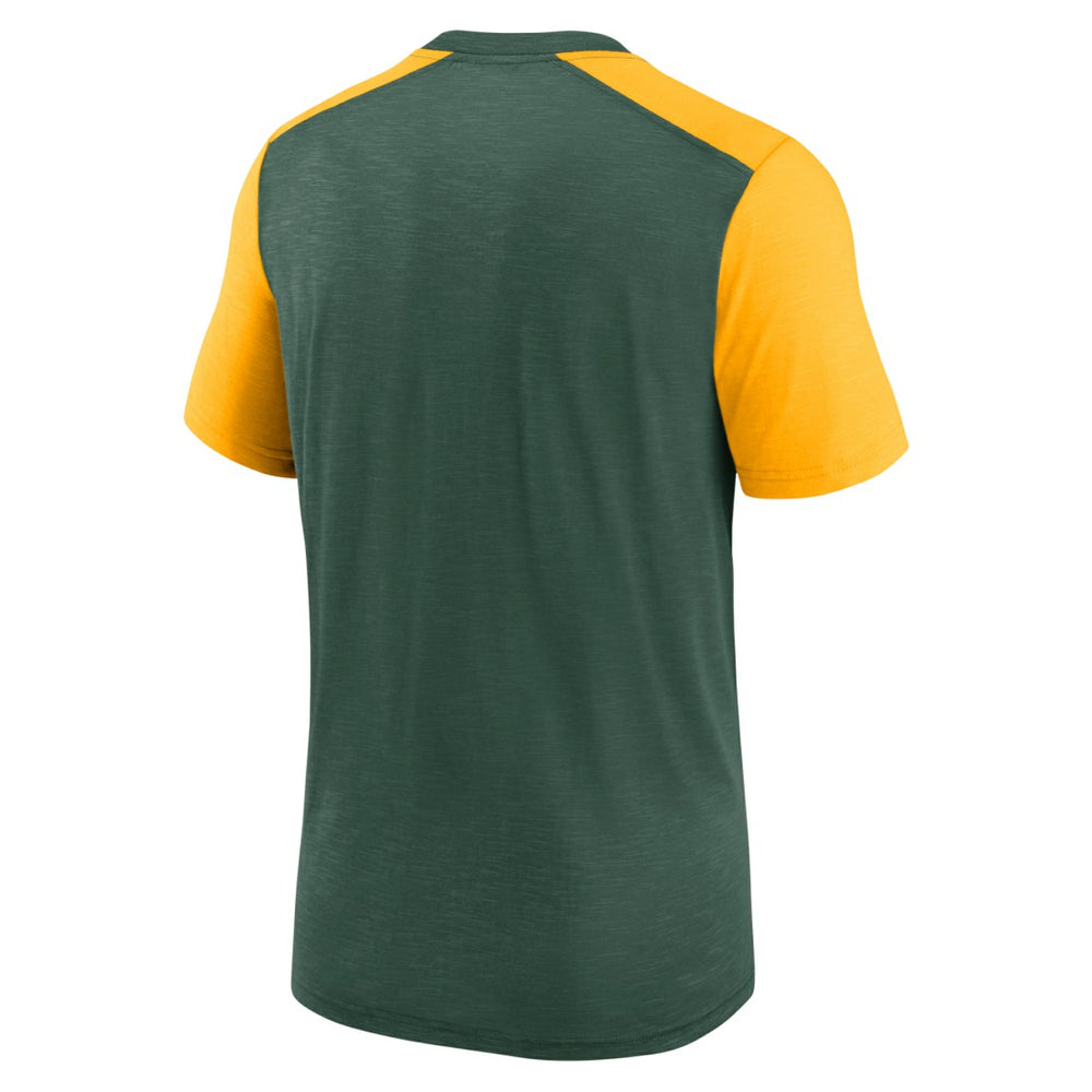 Green Bay Packers Color Block Team Name T-Shirt Heathered Green/Heathered Gold