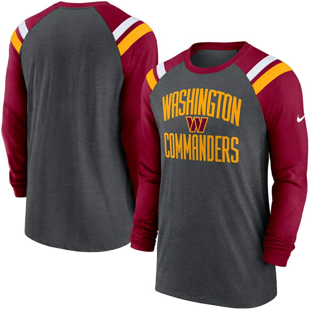 Washington Commanders Tri-Blend Raglan Athletic Long Sleeve Fashion T-Shirt Heathered Charcoal/Burgundy