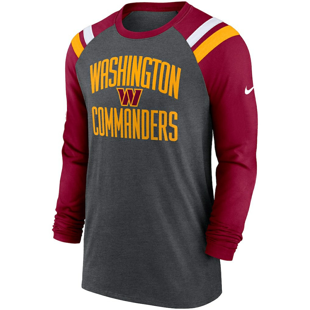 Washington Commanders Tri-Blend Raglan Athletic Long Sleeve Fashion T-Shirt Heathered Charcoal/Burgundy