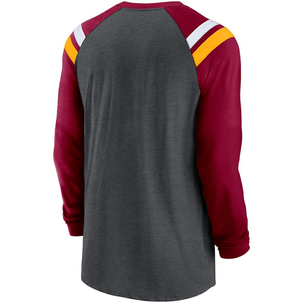Washington Commanders Tri-Blend Raglan Athletic Long Sleeve Fashion T-Shirt Heathered Charcoal/Burgundy