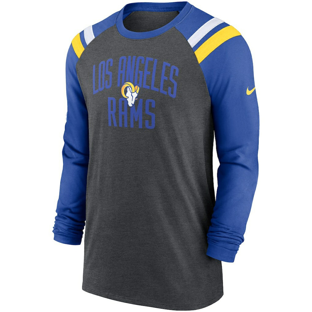 Los Angeles Rams Tri-Blend Raglan Athletic Long Sleeve Fashion T-Shirt Heathered Charcoal/Royal