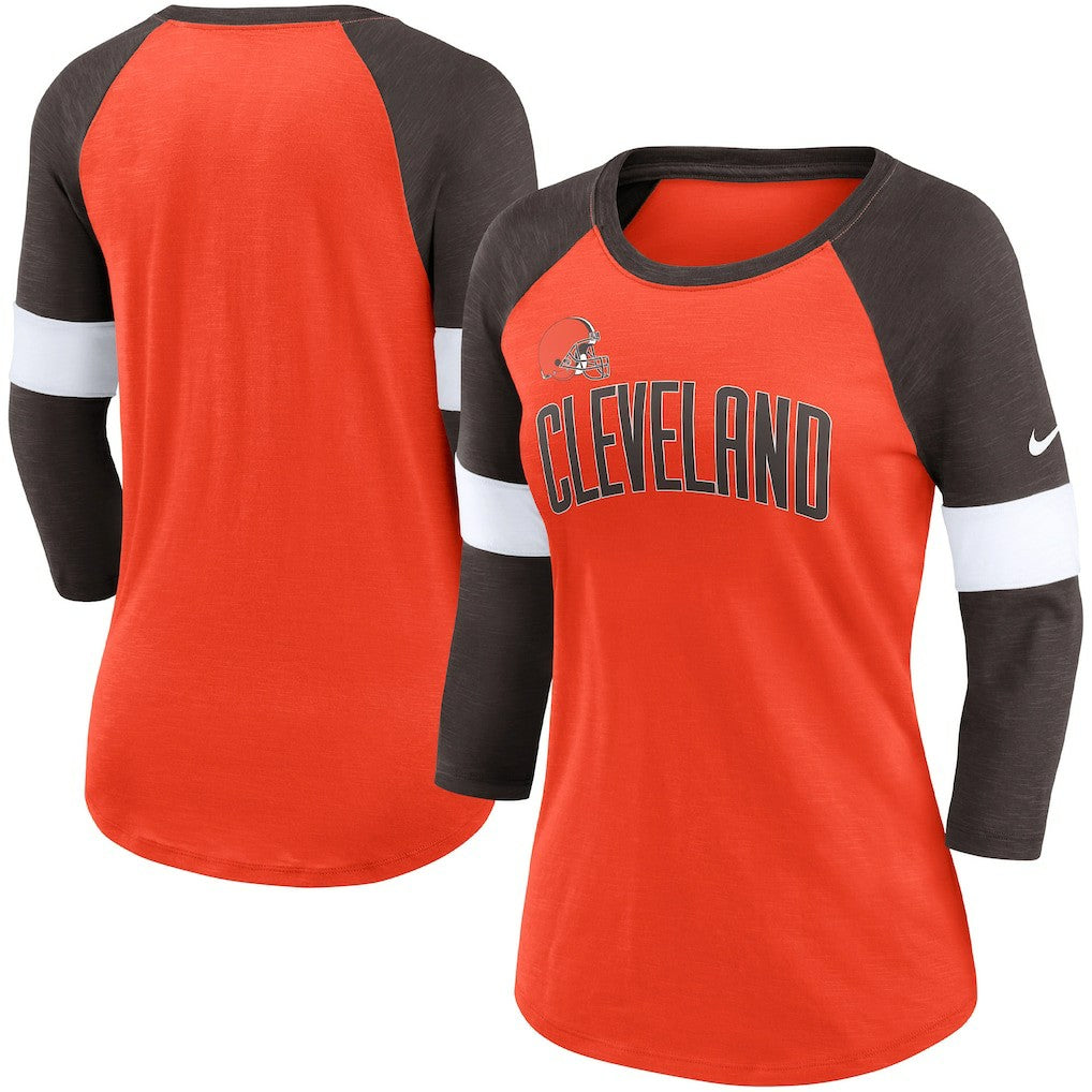 Cleveland Browns Women's Football Pride Slub 3/4 Raglan Sleeve T-Shirt Heathered Orange/Brown