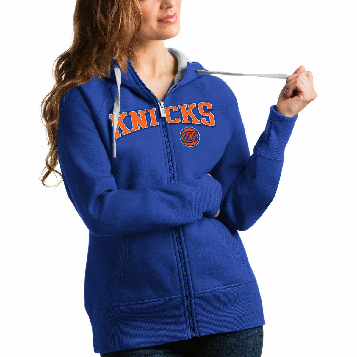 New York Knicks Antigua Women's Team Victory Full-Zip Hoodie Royal