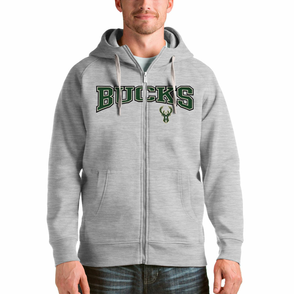 Milwaukee Bucks Antigua Victory Full-Zip Hoodie Heathered Gray
