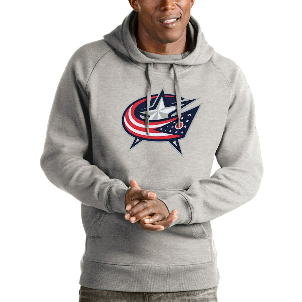 NHL Columbus Blue Jackets Antigua Logo Victory Pullover Hoodie - Heathered Gray